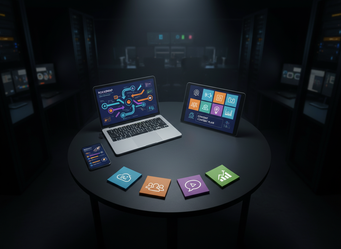 A circular arrangement of digital devices on a dark matte desk forming a visual loop of continuous growth, spotlit dramatically.