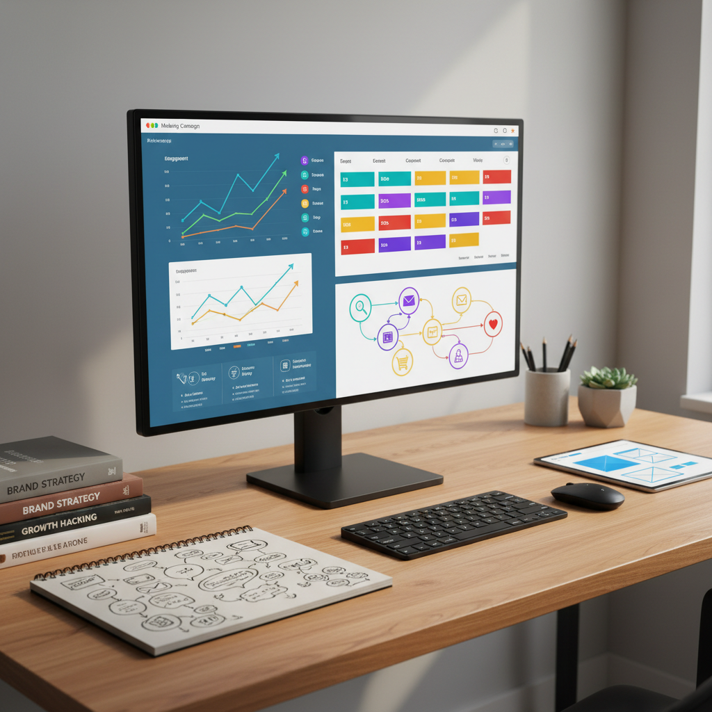 A wide digital workspace on a large, ultra-thin monitor displaying a vivid marketing campaign dashboard: engagement graphs rising diagonally, content calendar blocks color-coded by channel, and a visual journey map connecting customer touchpoints.