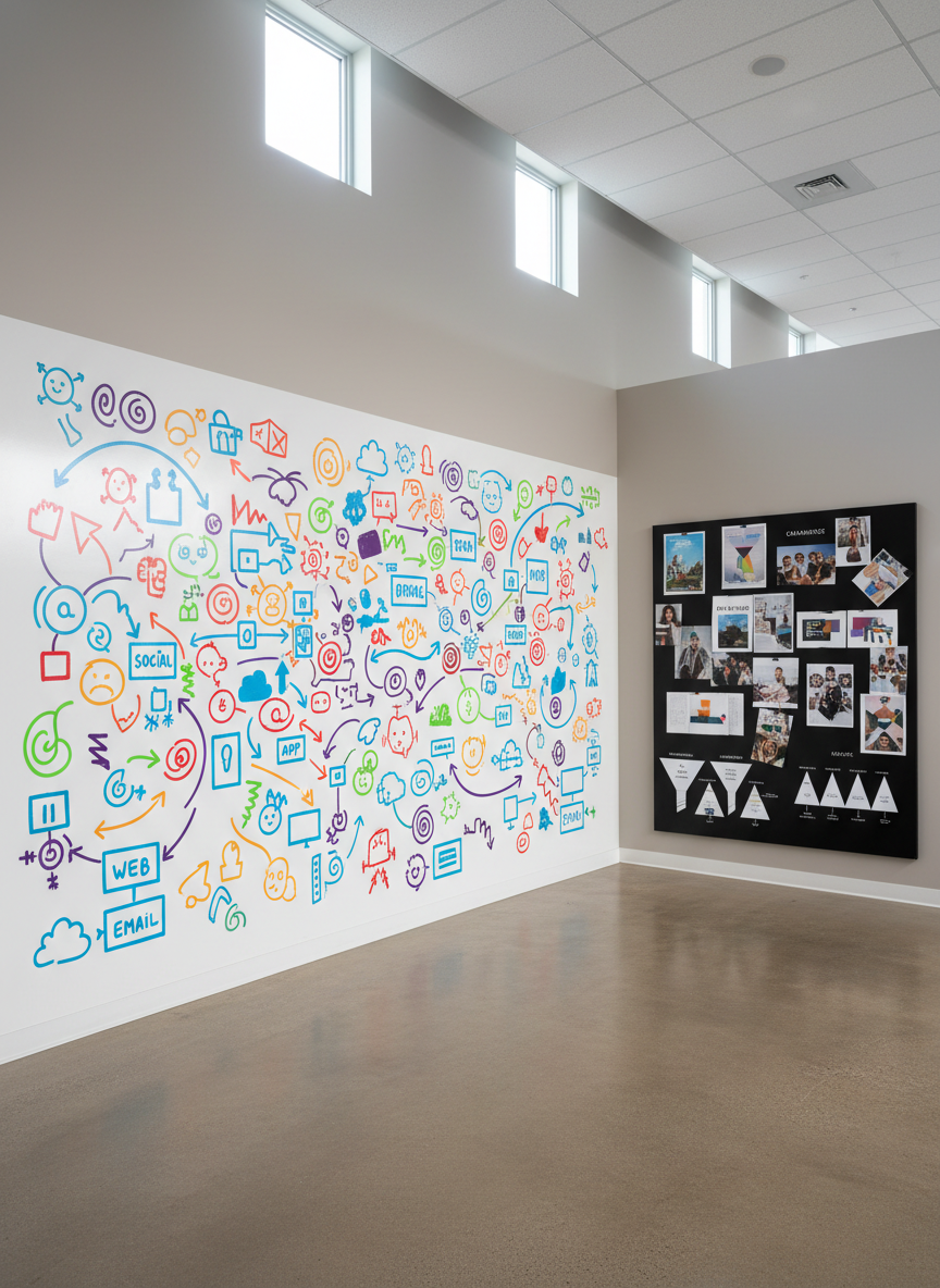 A long whiteboard wall filled with colorful marker drawings of a complete brand story arc: abstract icons for characters, challenges, and transformations, connected by sweeping arrows and simple shapes representing digital channels.