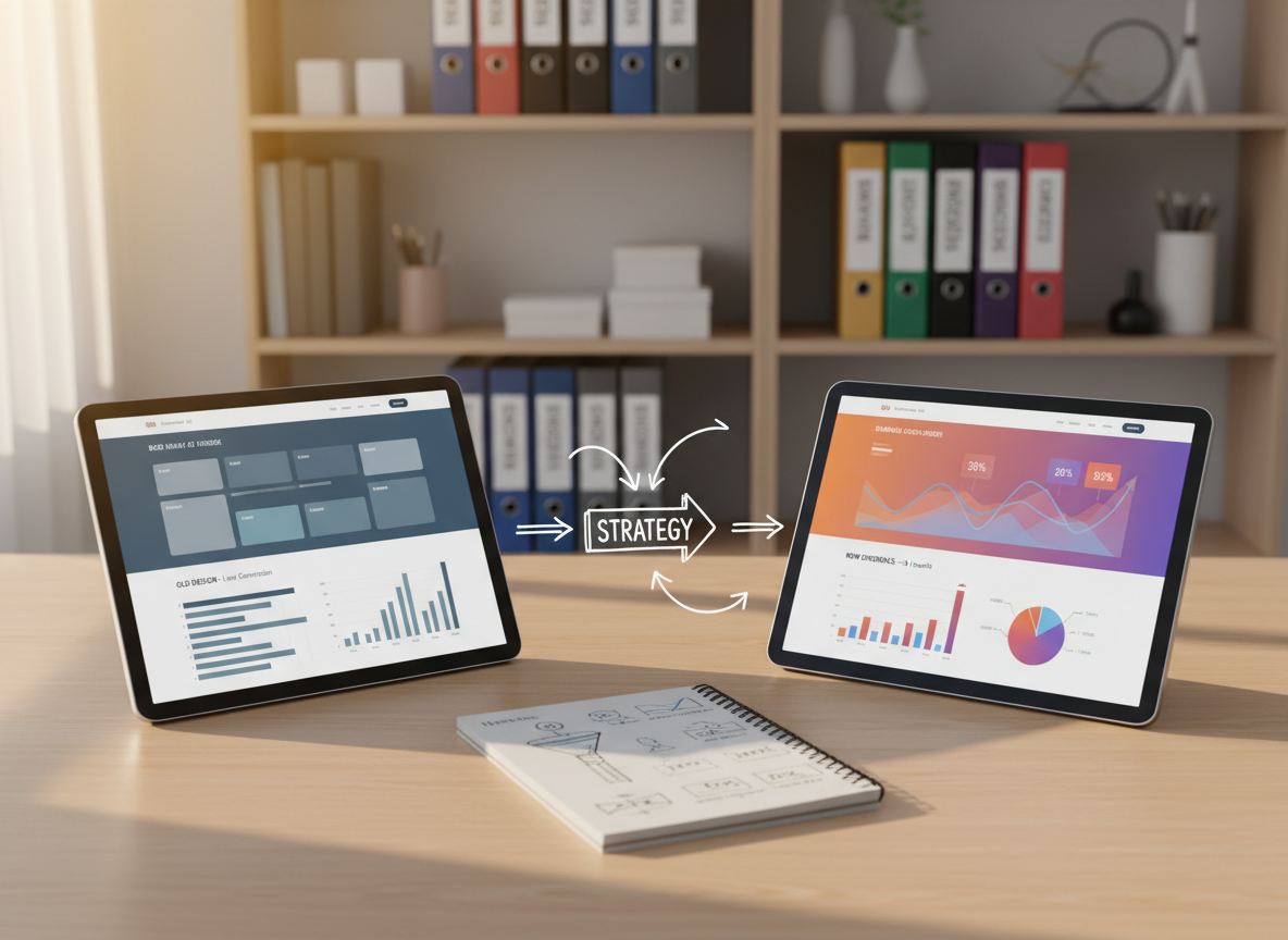 A curated before and after case study scene showing transformation from a dim cluttered mock website to a bright cohesive brand experience with upward-trending charts.